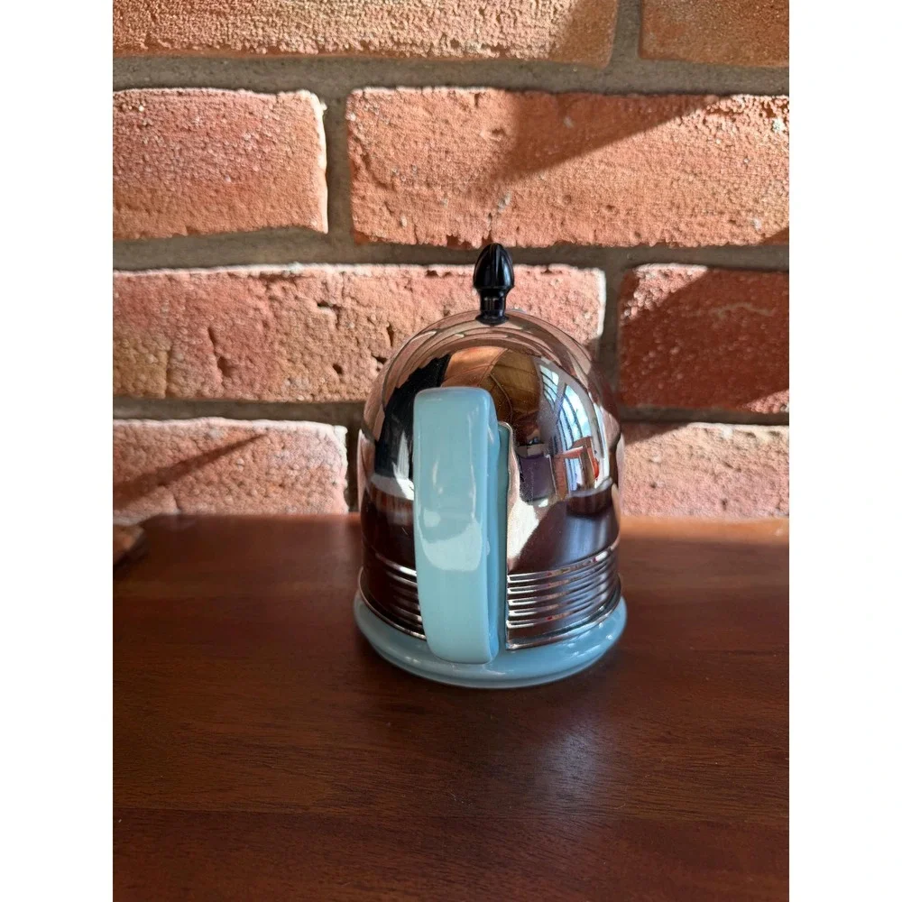 Vintage Hall China Forman Family Powder Blue Cozy Teapot Chrome Cover 1950s